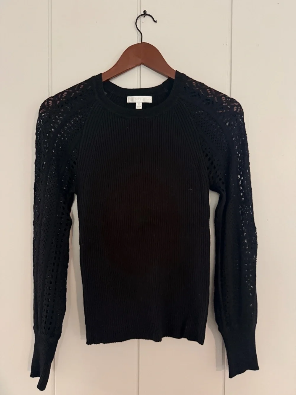 Design History S Black Ribbed Sweater Eyelet Openwork Sleeve Knit Top